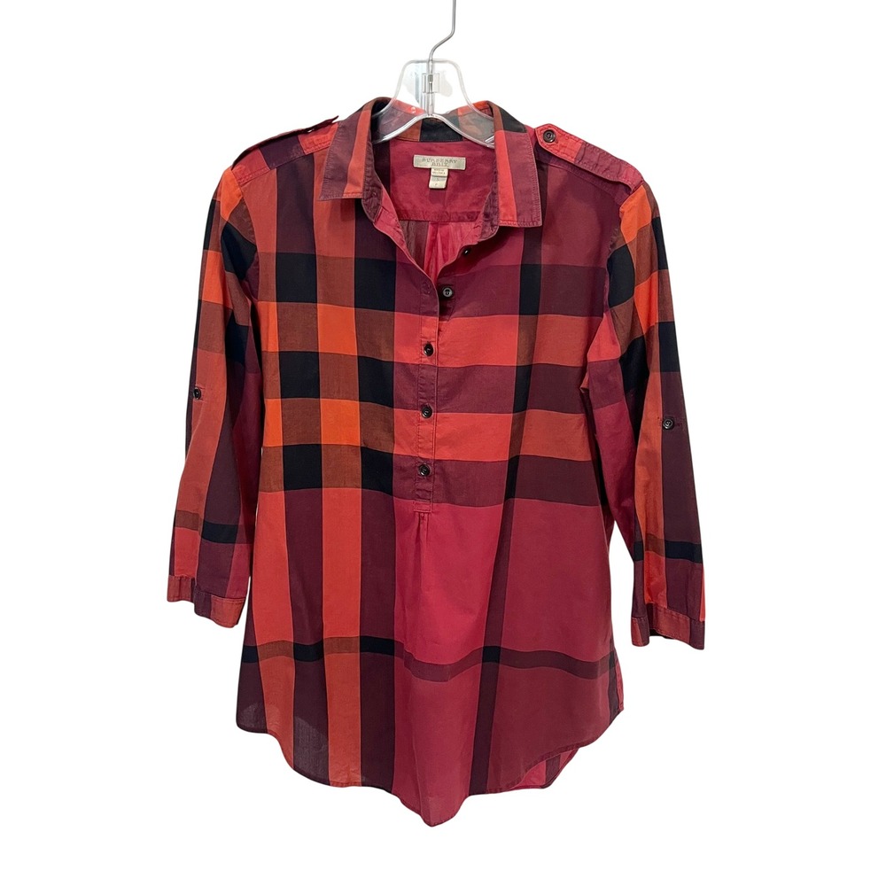 Burberry Brit Womens Red Oversized Nova Check Roll Tab Sleeve Tunic Blouse Small